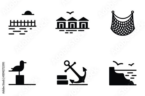 Coastal icons: beach huts, fishing net, seagull, anchor