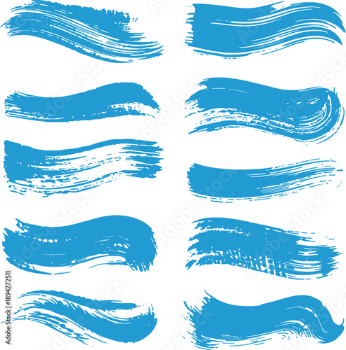 Blue Grunge Brush Stroke Vector Set, Abstract Paint Smear and Water Textures