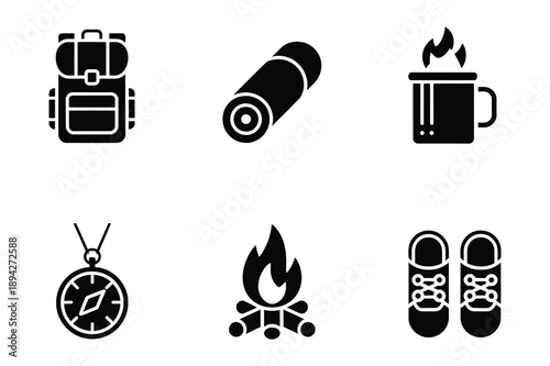 Camping and Outdoor Adventure Icons: Backpack, Fire, Boots
