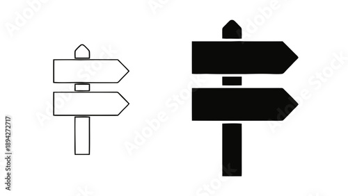 Vector illustration of a black and white signpost icon with two arrows, offering direction or choice, on transparent background