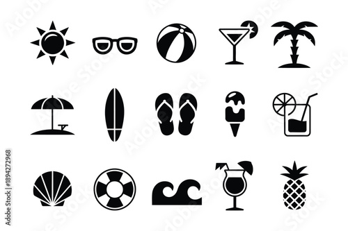 Summer Beach Icons: Sun, Sunglasses, Ball, Cocktail, Palm Tree