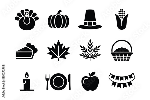 Thanksgiving Icons: Turkey, Pumpkin, Pie, Corn, Leaves