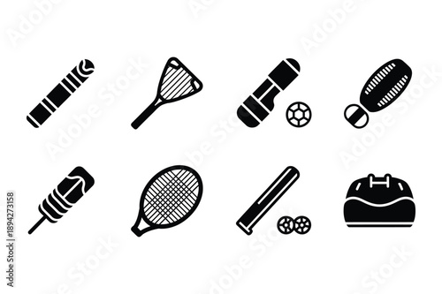 Sports Equipment Icons: Tennis Racket, Baseball Bat, Balls, Gloves