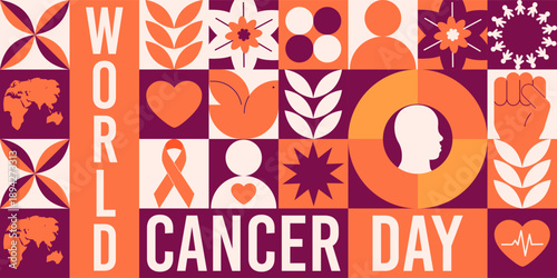 World Cancer Day 2026 geometric banner concept with awareness symbols