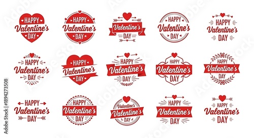 Red Valentine's Day stickers with hearts and arrows on white background happy Valentine's Day red hearts
