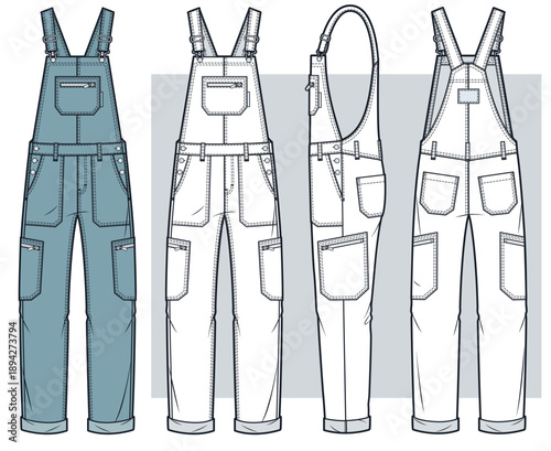 Denim Overalls Technical Flat Sketch. Dungaree  fashion flat technical drawing template, adjustable straps, pockets, front, side, back view, white, blue, women, men, unisex CAD mockup set.