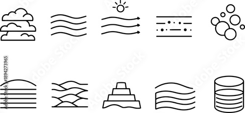 Collection of abstract line art icons representing layers, waves, and natural phenomena