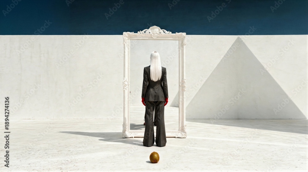 Fototapeta premium Minimalist fashion concept of a woman with long silver hair facing an ornate white mirror in a bright studio with a kiwi fruit on the floor.