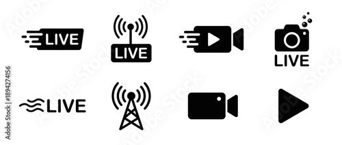 Collection of black live streaming icons on a white background, featuring various designs and symbols for live video, camera, and signal