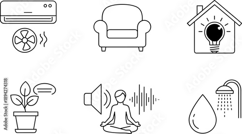 Smart home icons representing comfort, automation, and well-being in a modern household