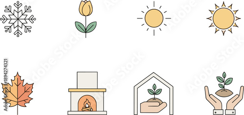 Collection of icons representing seasons, weather, and growth concepts