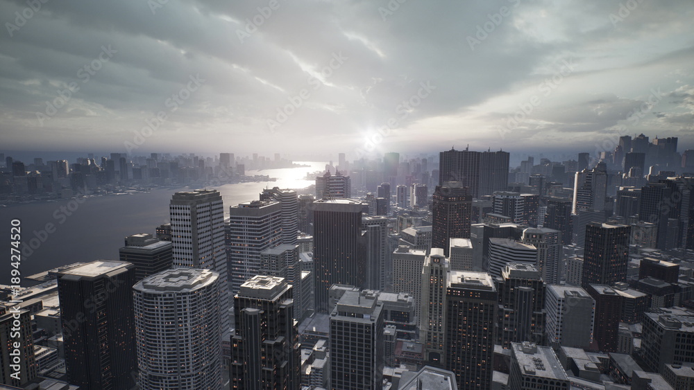 Fototapeta premium Evening light casts a warm glow over a vibrant metropolis.