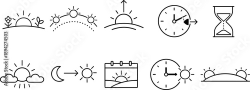 Collection of simple line icons representing time, sunrise, sunset, and day-night cycle