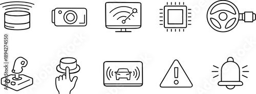 Collection of automotive technology and driving interface icons in a clean line art style