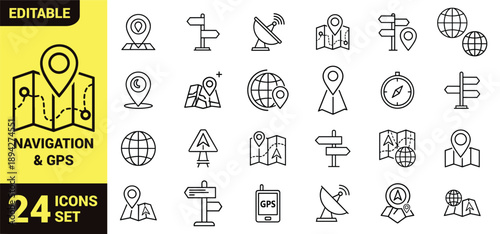 Navigation and GPS icon set with map marker, compass, satellite, globe, direction arrow, geolocation, and mobile location tracking symbols