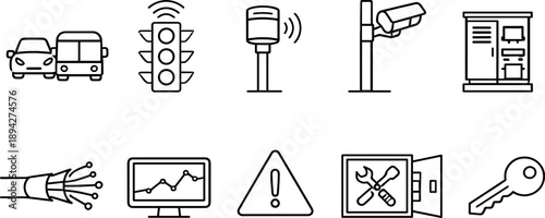 Collection of modern technology and security icons for smart city infrastructure and services