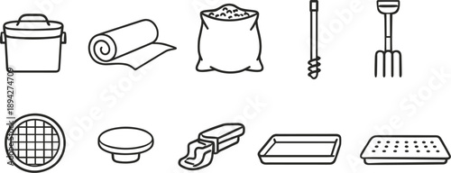 Collection of gardening and DIY tools and supplies for planting and soil preparation