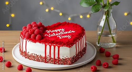 Heart shaped Valentine's Day cake with white frosting and red decorations heart shaped cake raspberries