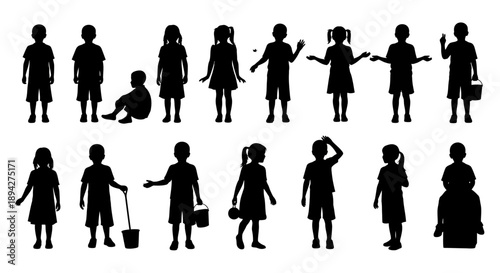 Collection of people silhouettes in various poses and actions, showcasing different activities, vector graphics, people-centric illustration, various perspectives