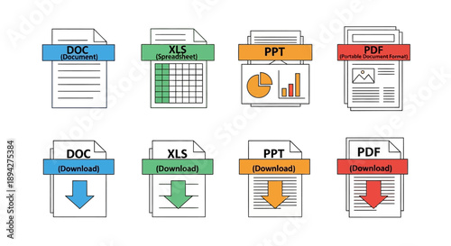 Collection of document icons representing various file formats and download options for digital content management
