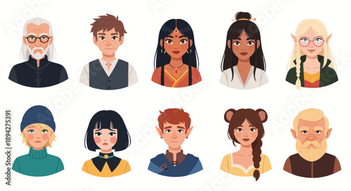Diverse cartoon portraits of people, male and female, with varying hairstyles, ethnicities, and fantasy elements, presented as avatars