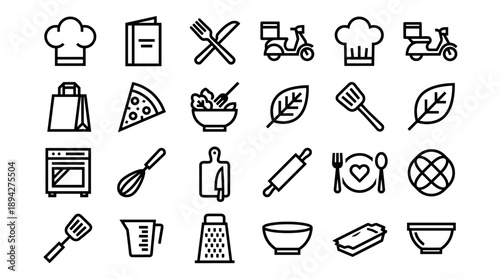 Vector Icon Set of 24 Food and Hospitality Kitchen Tools Featuring Chef Hat, Menu, Cutlery, Delivery Scooter, Pizza, Salad, Oven, Whisk, Rolling Pin, Grater, and More Minimalist Black Line Icons