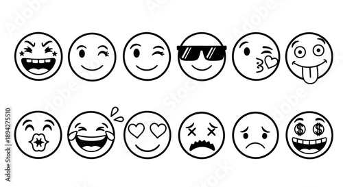 Collection of vector icons featuring various expressive smiley faces in a black and white outline style, perfect for digital communication and design projects