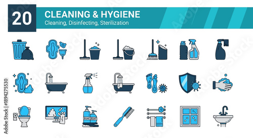 Collection of icons representing cleaning and hygiene services for homes, bathrooms, and general sanitation needs