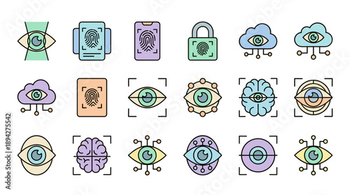 Biometric Security Icon Set Featuring Retina Eye Scanning, Fingerprint Identification, Cloud Data Protection, and Artificial Intelligence Brain Analysis in Modern Flat Design Pastel Palette.