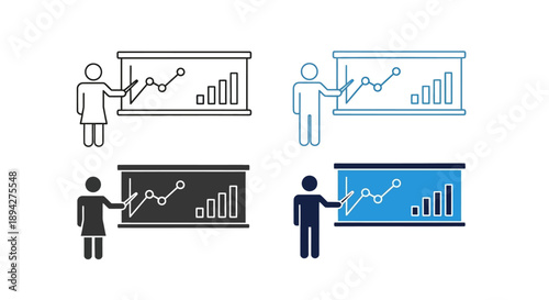 Professional vector icon set illustrating business presentations, featuring male and female individuals explaining data graphs on a whiteboard for meeting and analysis concepts