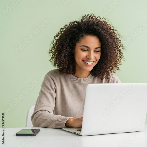  young woman with curly hair sits at a clean, modern desk, working on a laptop,.