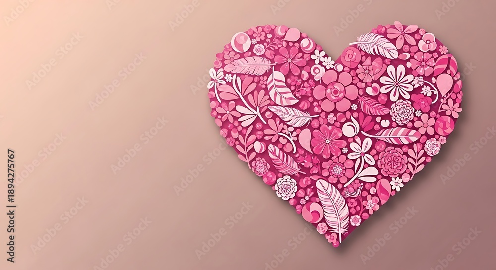 Fototapeta premium Pink heart shape with white and pink flowers and leaves on mauve background