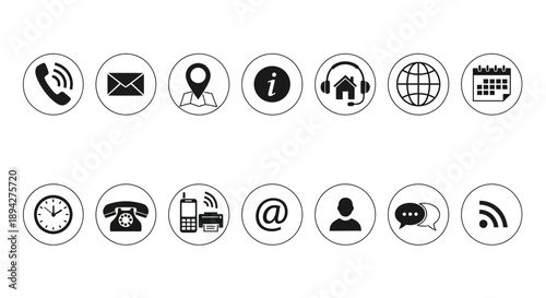 Comprehensive collection of essential black and white vector icons for modern communication, business contact, and web design interfaces