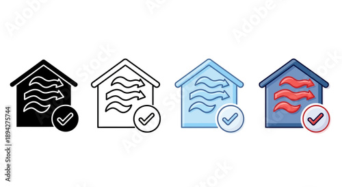 Vector icon set showing good home air quality. House symbol with flowing air waves and a checkmark indicates healthy indoor ventilation and verified climate control