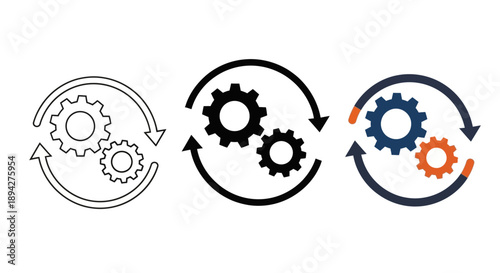 Vector illustration of gears and circular arrows icons, representing process, workflow, system update, settings, and automation management. Ideal for technology, business, and software design