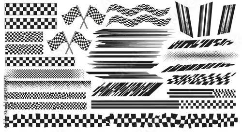 Dynamic vector collection of racing flags, checkered patterns, and speed lines, ideal for sports, automotive, and high-energy design projects
