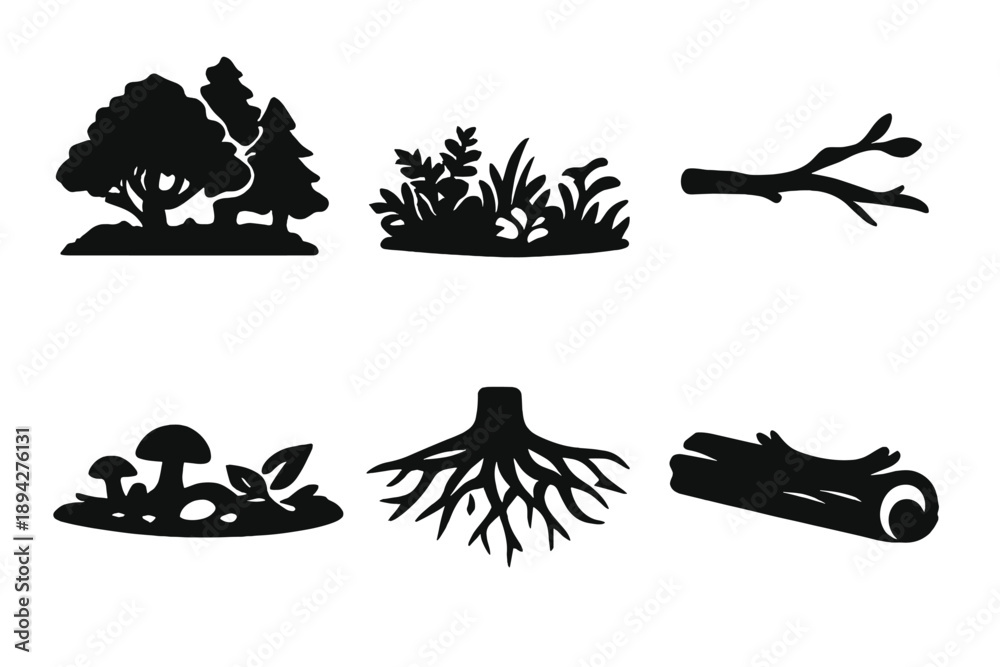 Fototapeta premium Forest Layers Icons. Solid vector icons of forest layers: canopy, undergrowth, forest floor, branch, root, fallen log No text, No