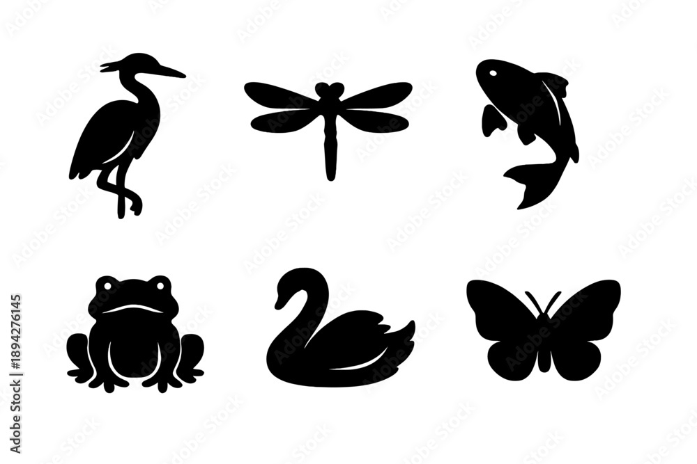 Fototapeta premium Wildlife Vector Icons. Solid vector icons of quiet wildlife: heron, dragonfly, koi fish, frog, swan, butterfly No text, No labels,