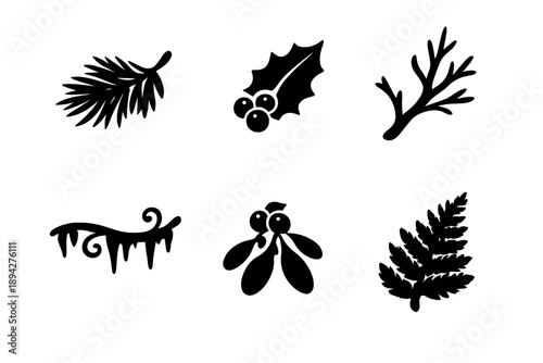 Winter Flora Icons. Solid vector icons of winter flora: pine branch, holly leaf, bare twig, frozen vine, mistletoe, frosted fern