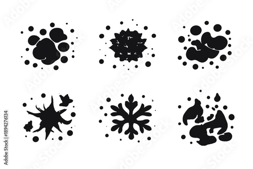 Floating Particle Icons. Solid vector icons of floating particles: dust, pollen, ash, spark, snowflake, ember No text, No labels,