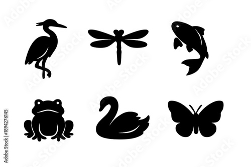 Wildlife Vector Icons. Solid vector icons of quiet wildlife: heron, dragonfly, koi fish, frog, swan, butterfly No text, No labels,
