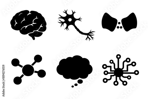 Cognitive Tools Icons. Solid vector icons of cognitive tools: brain, neuron, synapse, mind map, thought bubble, circuit No text,
