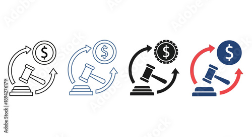 A gavel and dollar coin with circular arrows signifying exchange, representing legal and financial transactions