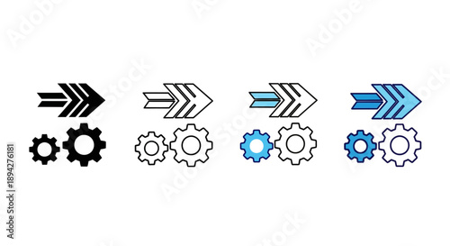 Set of four icons representing gears and forward-moving arrows, symbolizing progress, efficiency, and workflow in a modern design