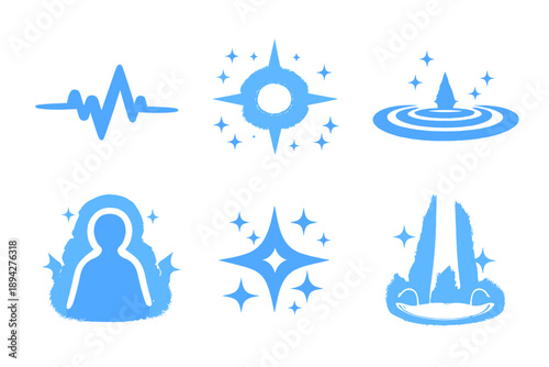 Abstract Health Energy Icons. Solid vector icons of abstract health energy: pulse wave, glow, ripple, aura, spark, light beam No