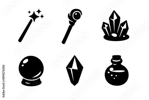Mystical Tool Icons. Solid vector icons of mystical tools: wand, staff, crystal, orb, prism, potion No text, No labels, isolated