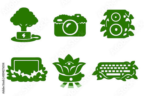 Eco-Tech Device Icons. Solid style icons of Eco-Tech Devices: tree charger, moss camera, ivy speaker, shrub tablet, flower