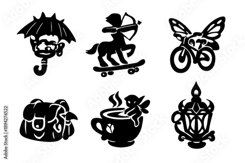 Everyday Magic Icons. Solid style icons of Everyday Magic: troll umbrella, centaur skateboard, fairy bicycle, dwarf satchel,