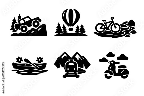 Adventure Transport Icons. Solid style icons of Adventure Transport: jeep hill, hot air balloon forest, bike river, canoe flower,