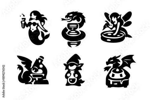 Laboratory Legends Icons. Solid style icons of Laboratory Legends: test tube mermaid, DNA basilisk, petri dish fairy, microscope